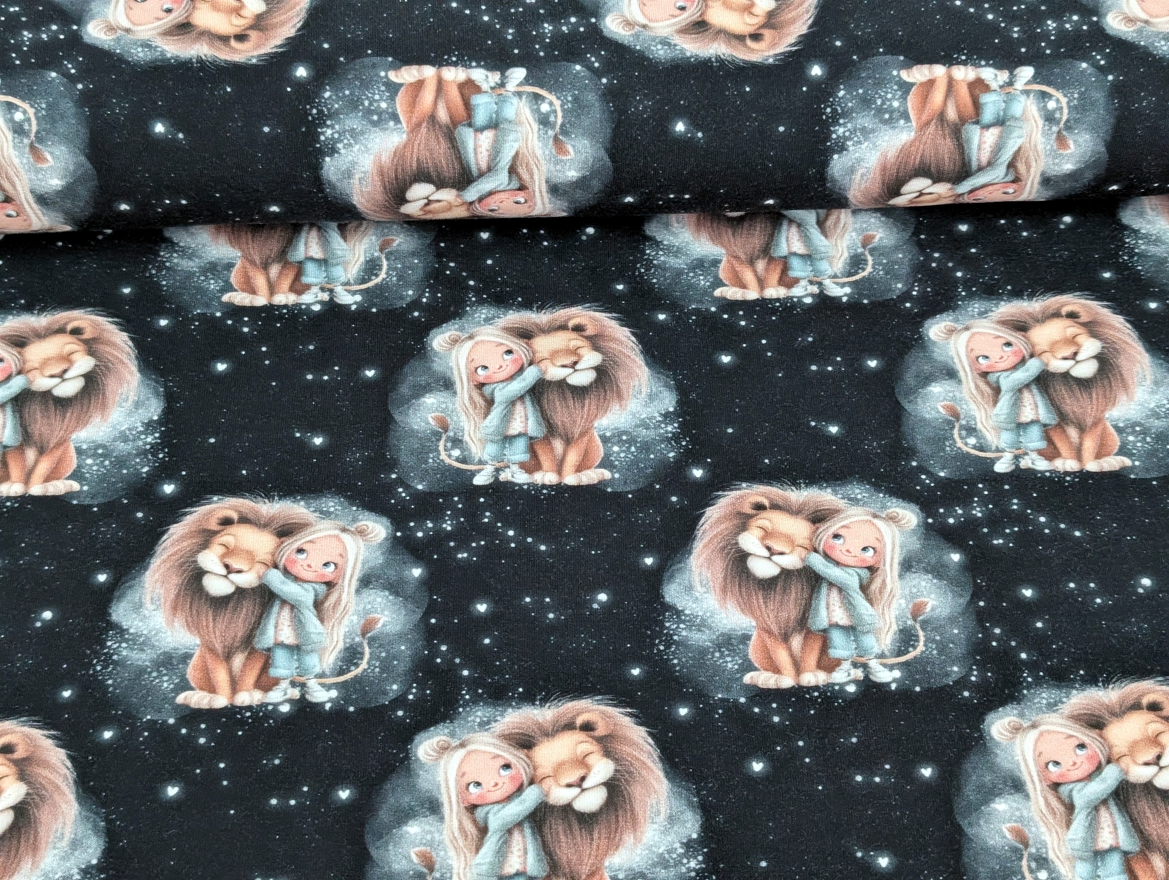 In-house production French Terry Girls and their Lion on Night Blue