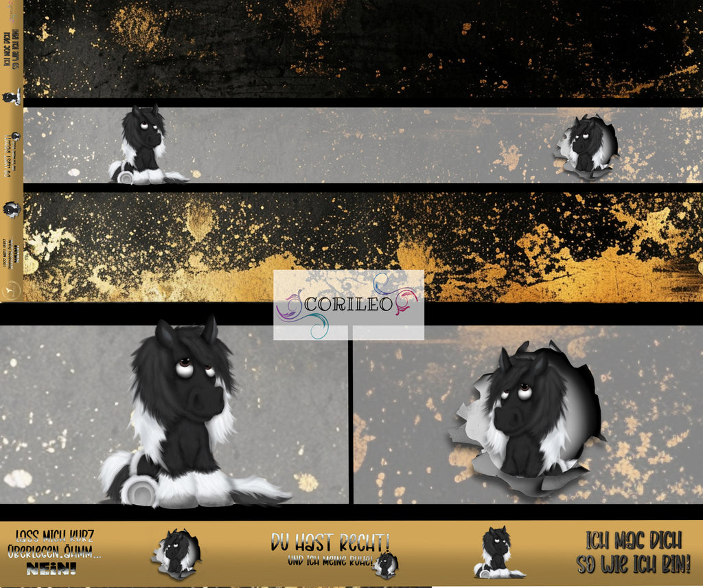 Eigenproduktion Baumwolljersey Panel Muckel das Freche Pferd 65 x 160 cm Schwarz/Gold