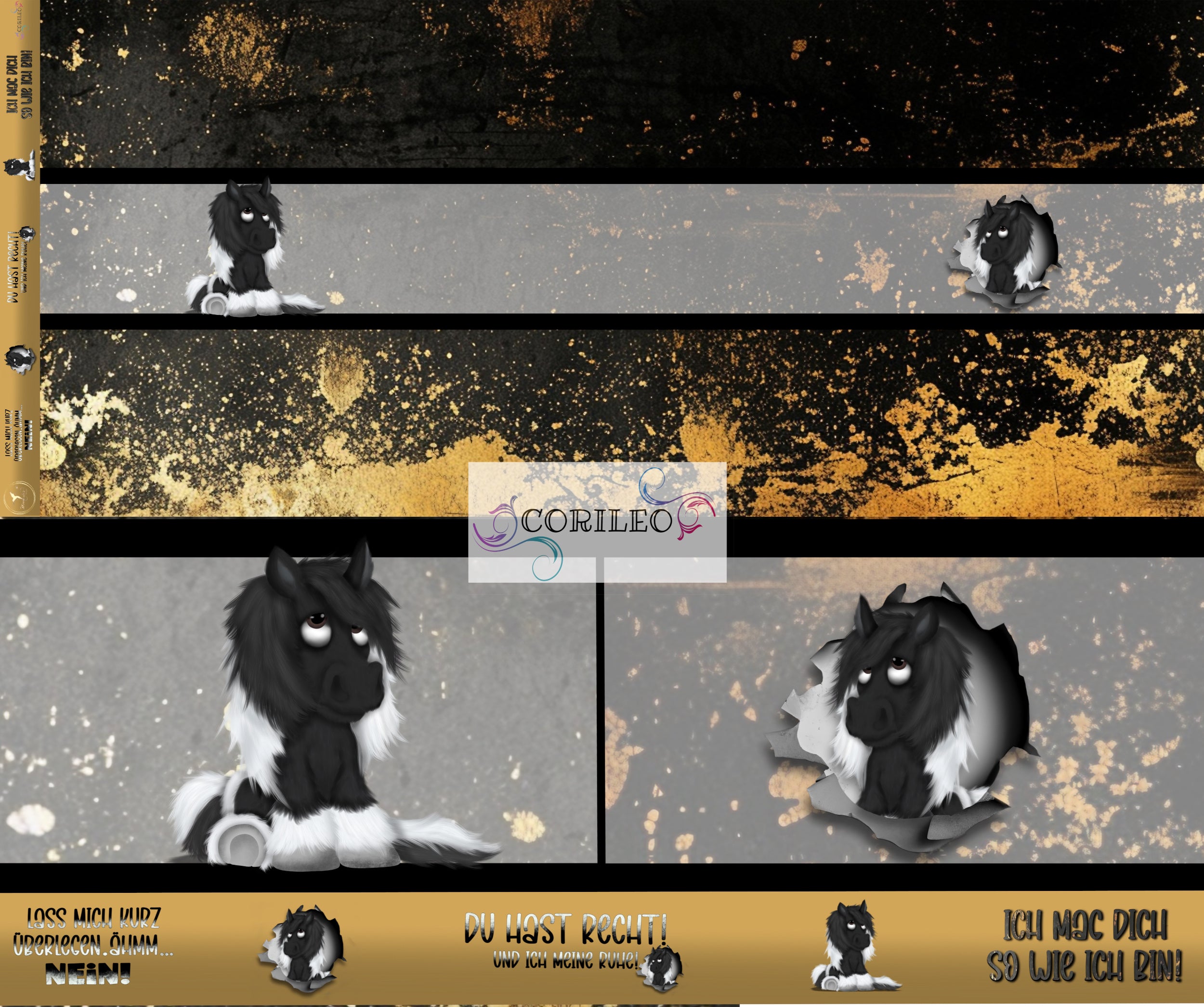 Eigenproduktion Baumwolljersey Panel Muckel das Freche Pferd 65 x 160 cm Schwarz/Gold