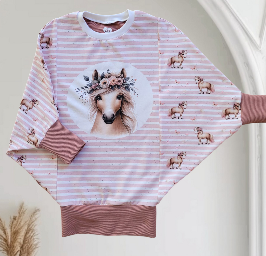 Self-produced Cotton Jersey Panel Horse Flower Pony on Stripes Butterfly Light Pink