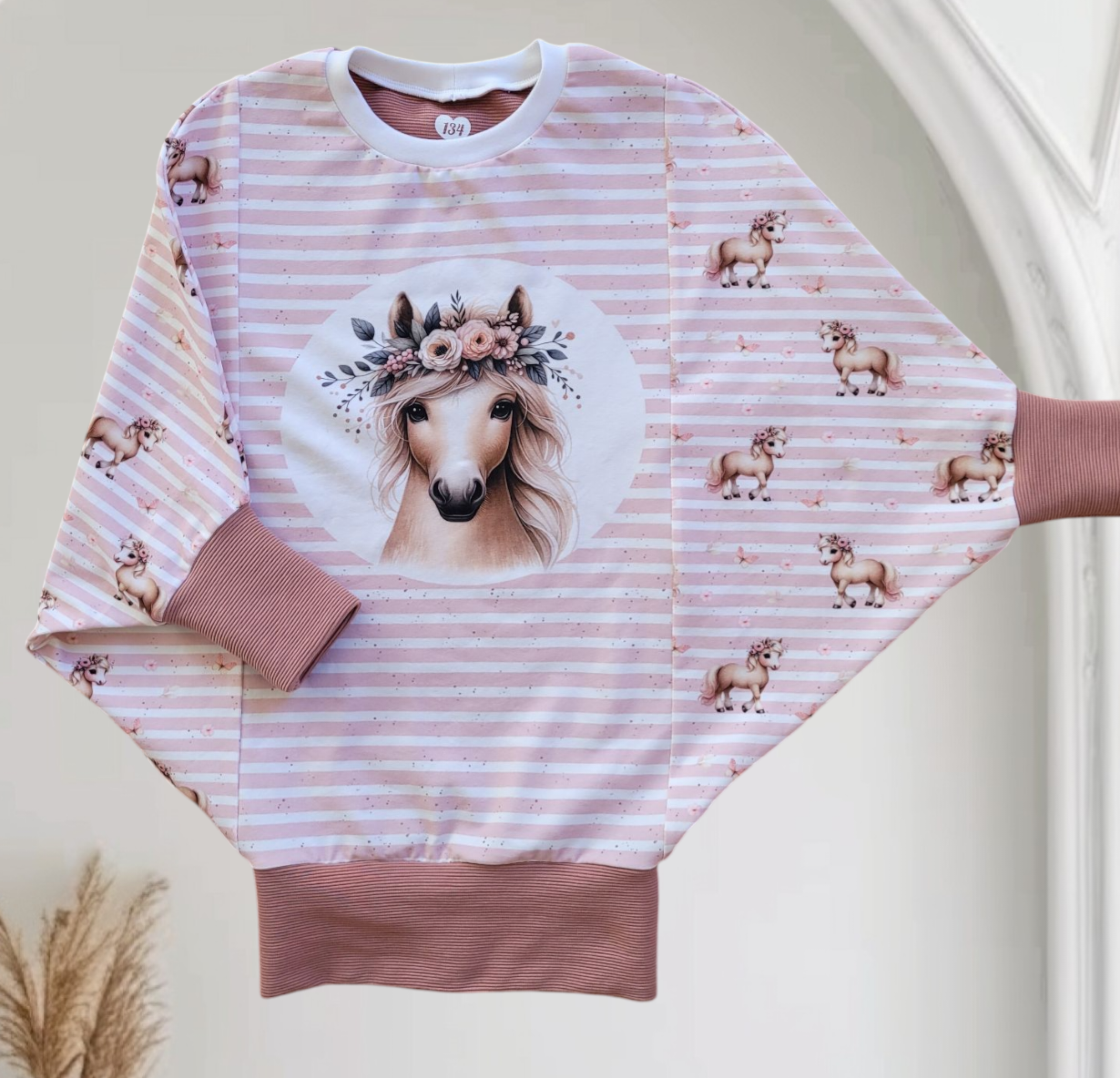 Self-produced Cotton Jersey Panel Horse Flower Pony on Stripes Butterfly Light Pink