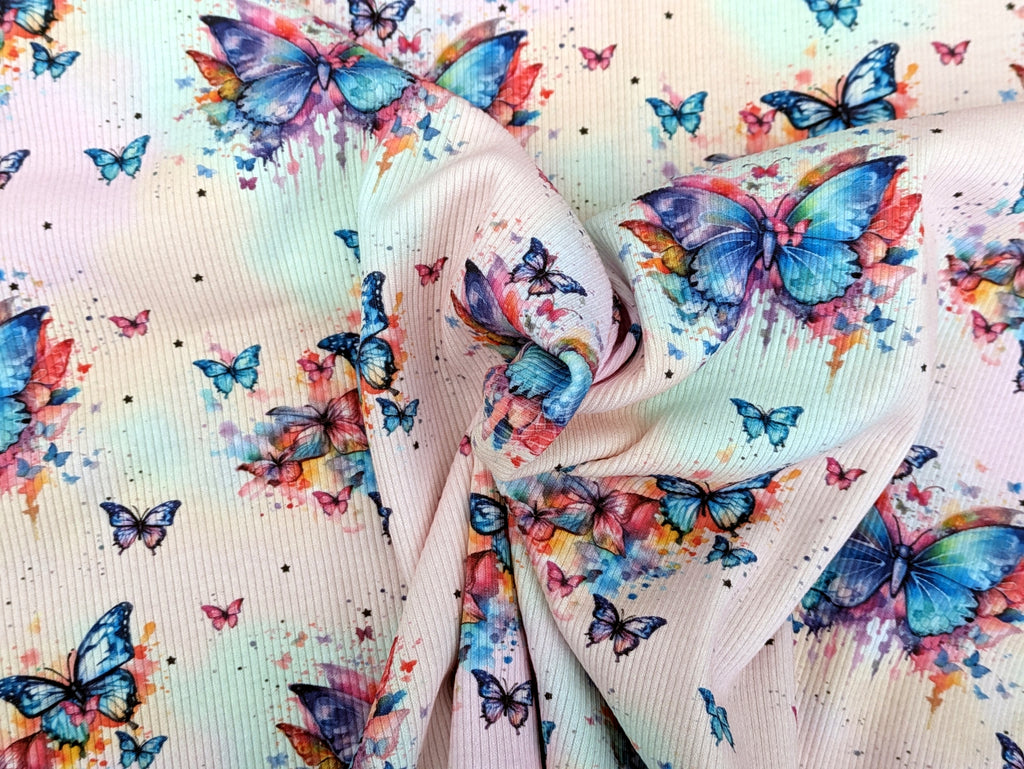 In-house Production Rib Jersey Rainbow Butterfly on Light Pink