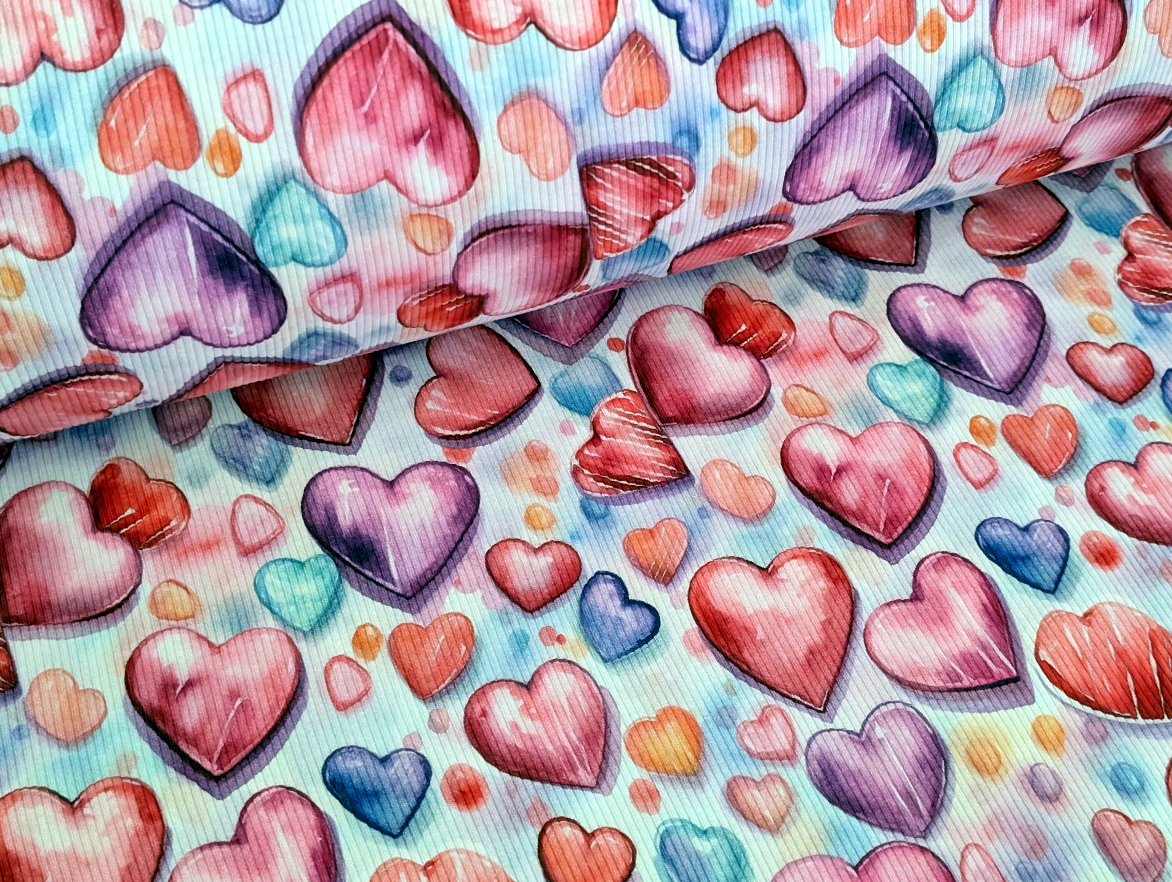 In-House Production Rib Knit Jersey Colorful Hearts on White