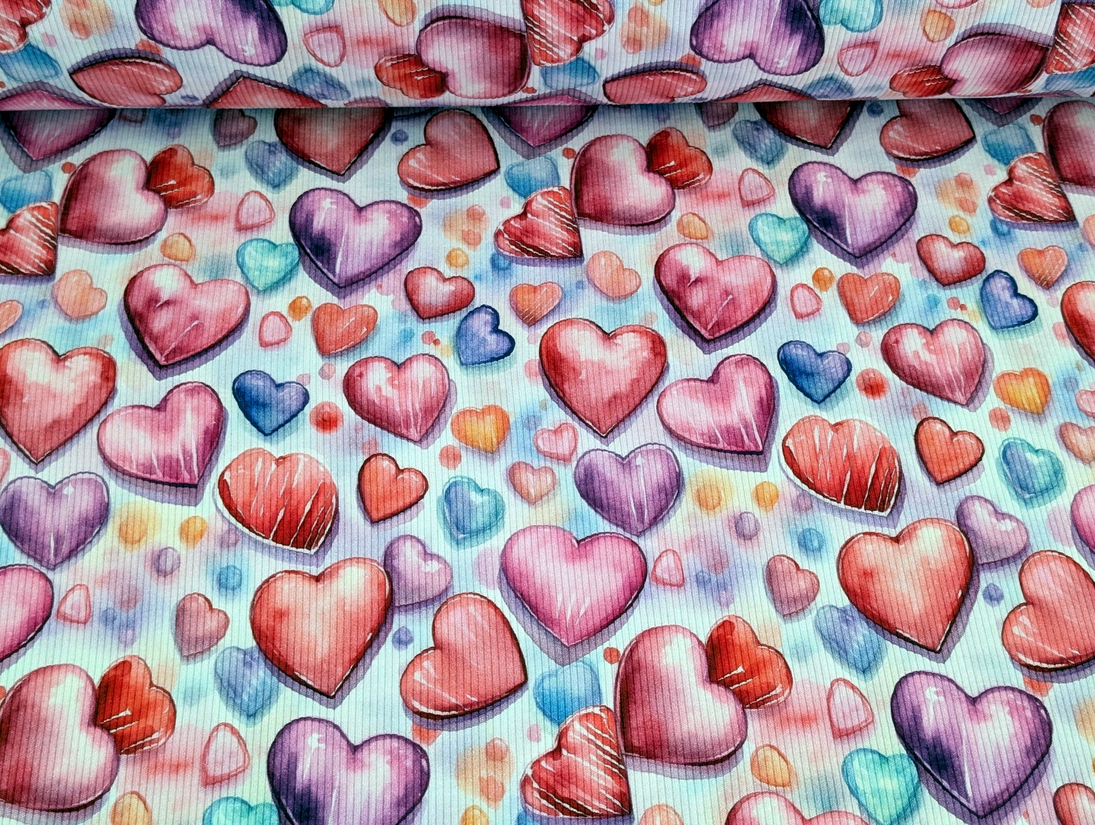 In-House Production Rib Knit Jersey Colorful Hearts on White