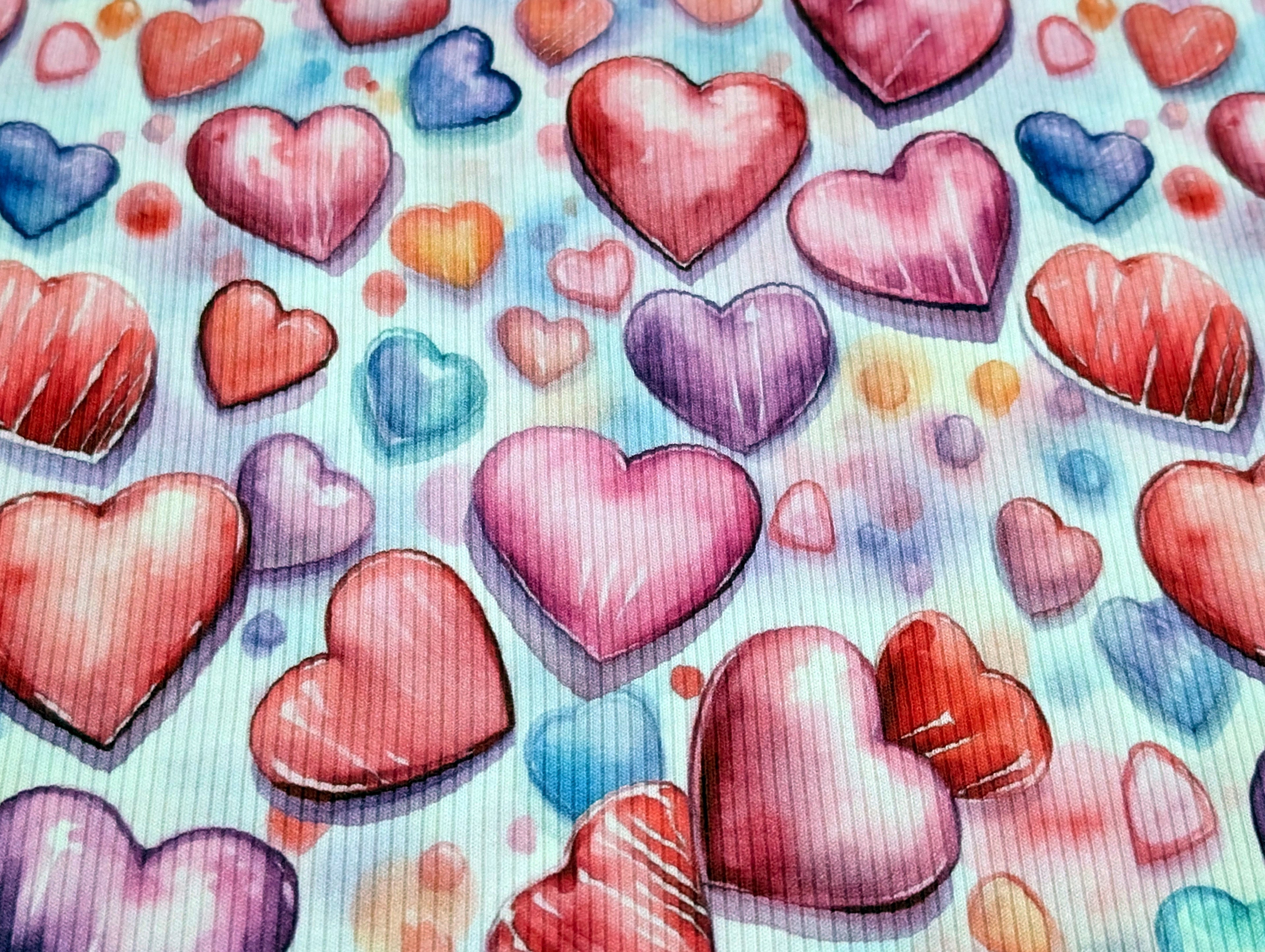In-House Production Rib Knit Jersey Colorful Hearts on White