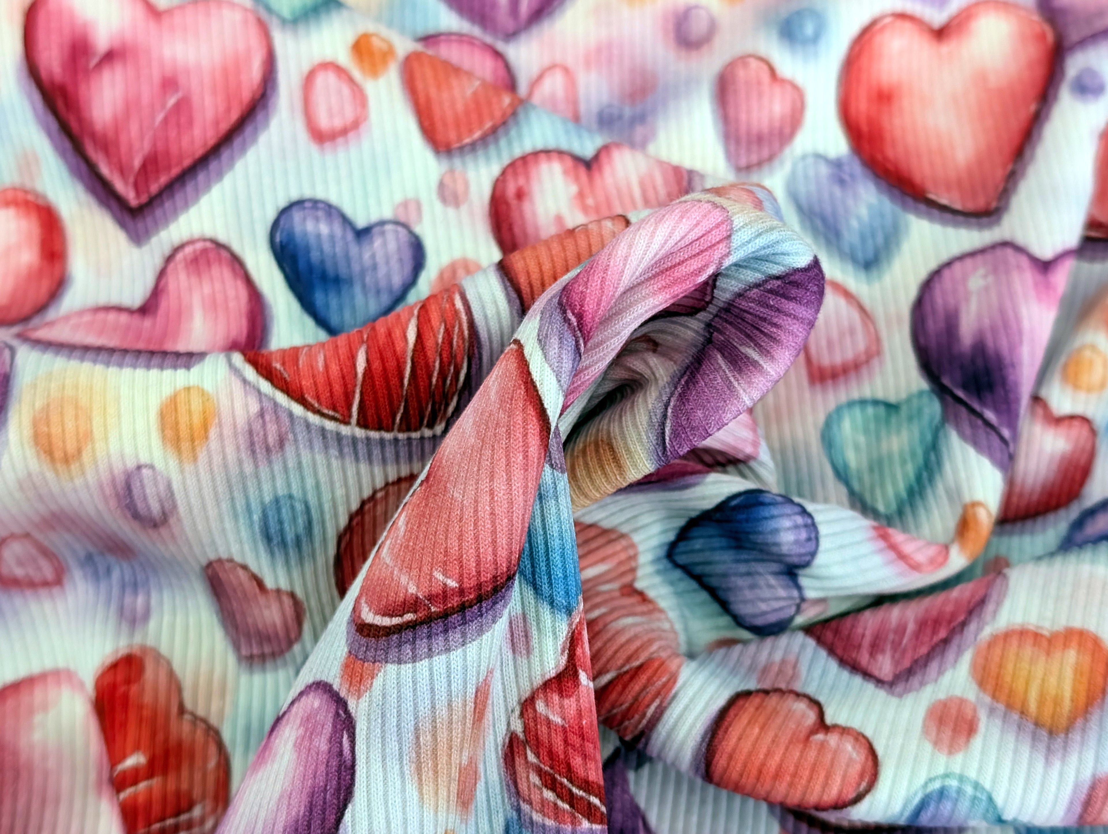 In-House Production Rib Knit Jersey Colorful Hearts on White