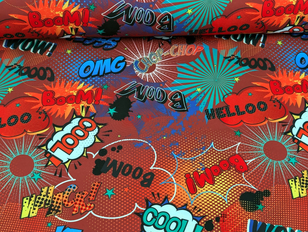 Softshell Digitaldruck Comic Baam Cool WoW Yess Bunt auf Dunkelrot