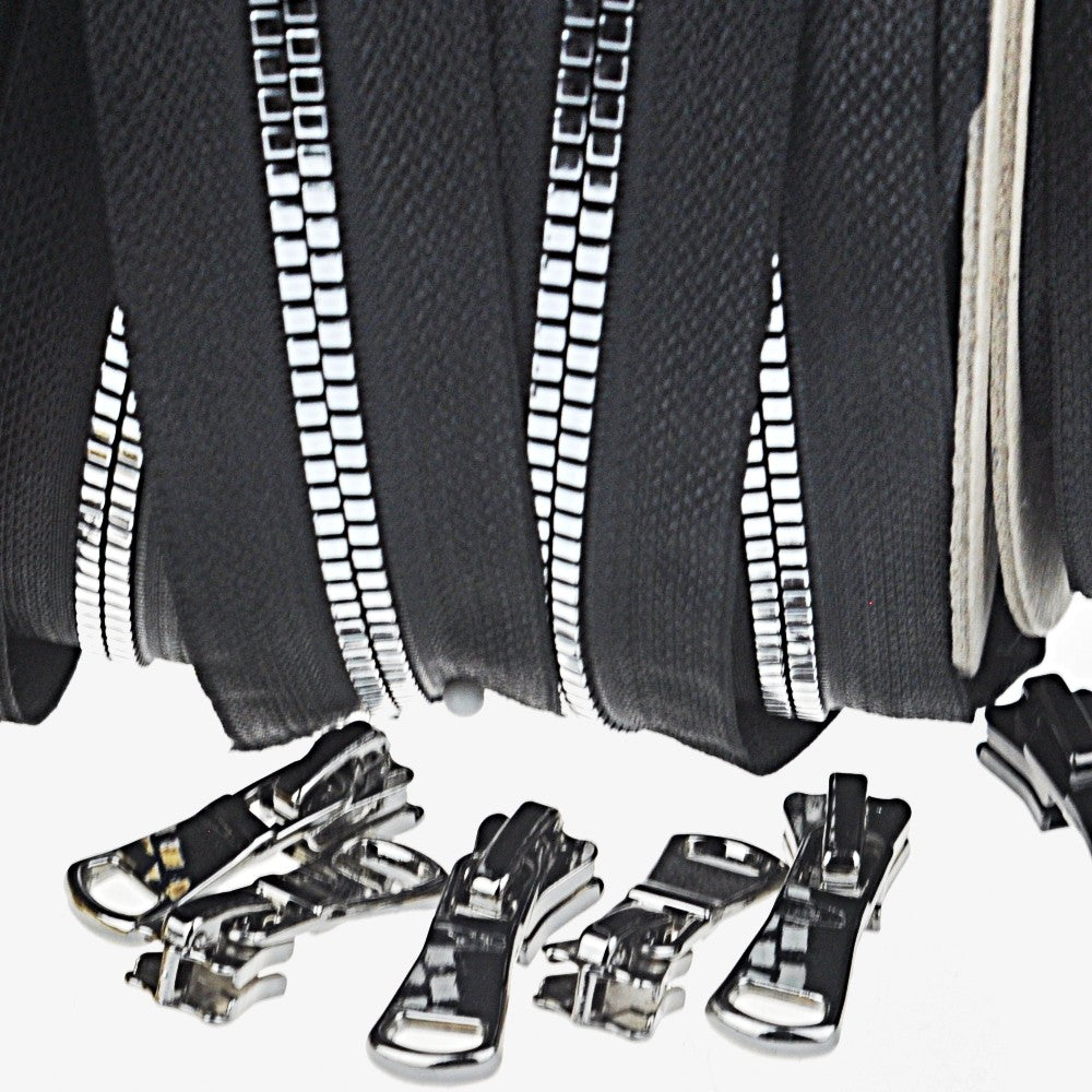 Continuous Zipper Black (Spiral Zipper with Metallic Look) + Puller