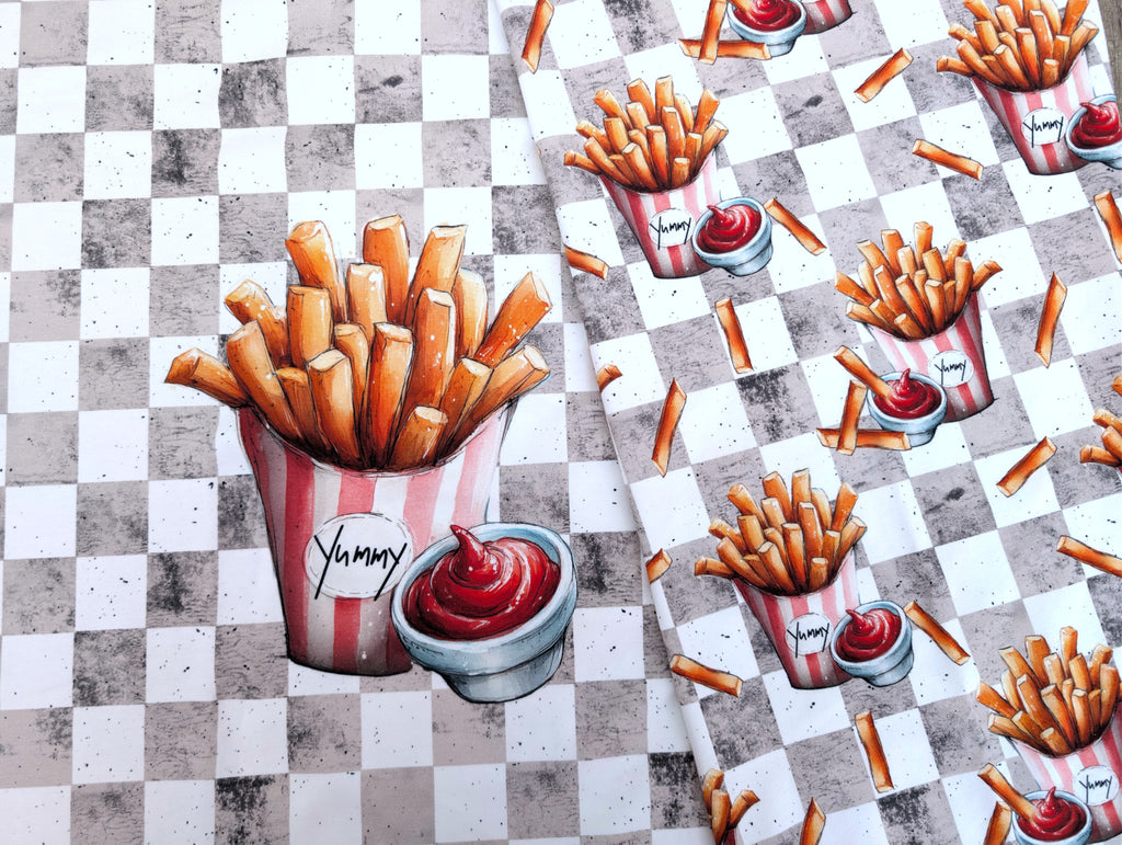 Eigenproduktion Baumwolljersey Panel Pommes und Ketchup 70 x 165 cm