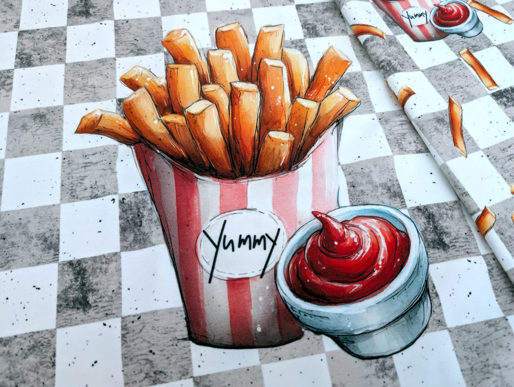 Eigenproduktion Baumwolljersey Panel Pommes und Ketchup 70 x 165 cm