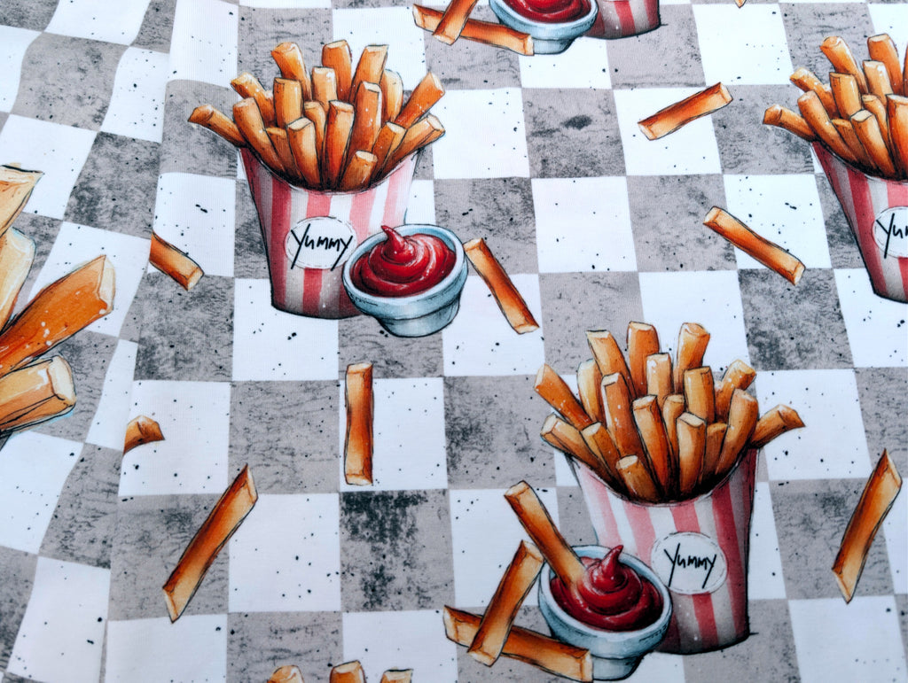 Eigenproduktion Baumwolljersey Panel Pommes und Ketchup 70 x 165 cm