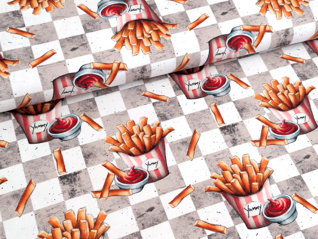 Eigenproduktion Baumwolljersey Pommes und Ketchup auf Grau