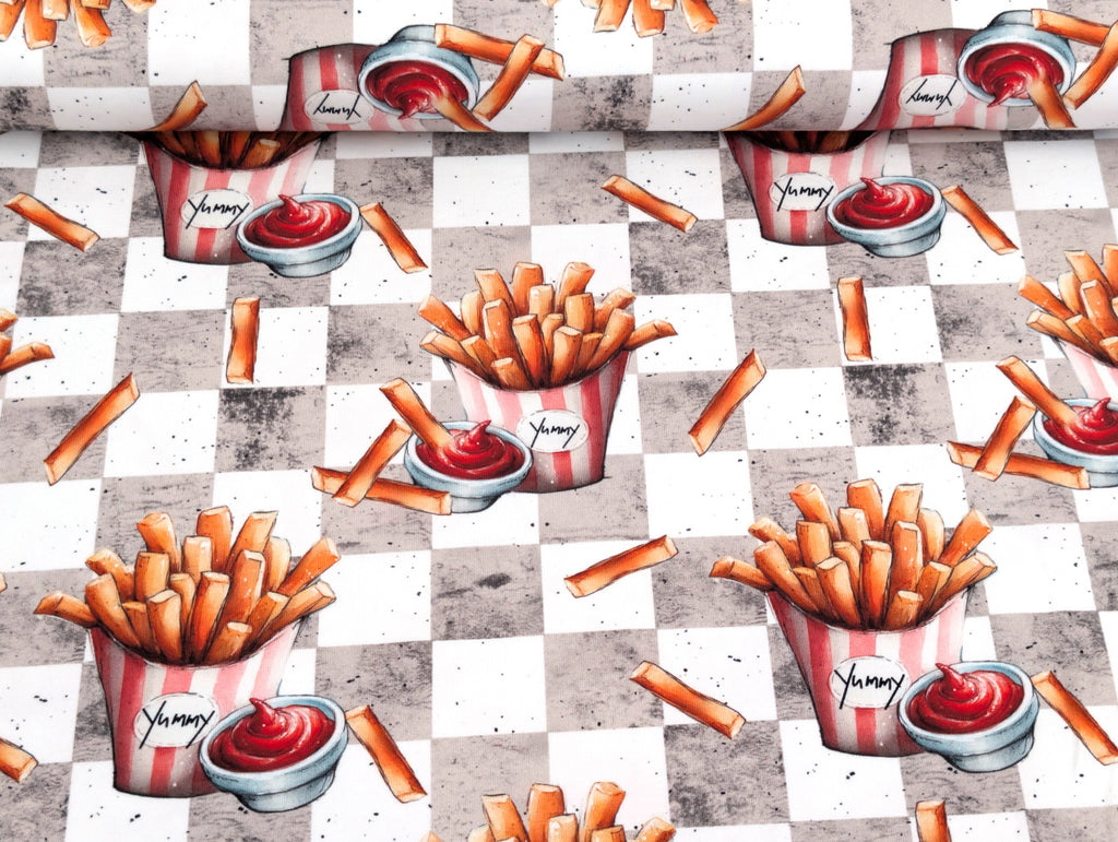 Eigenproduktion Baumwolljersey Pommes und Ketchup auf Grau