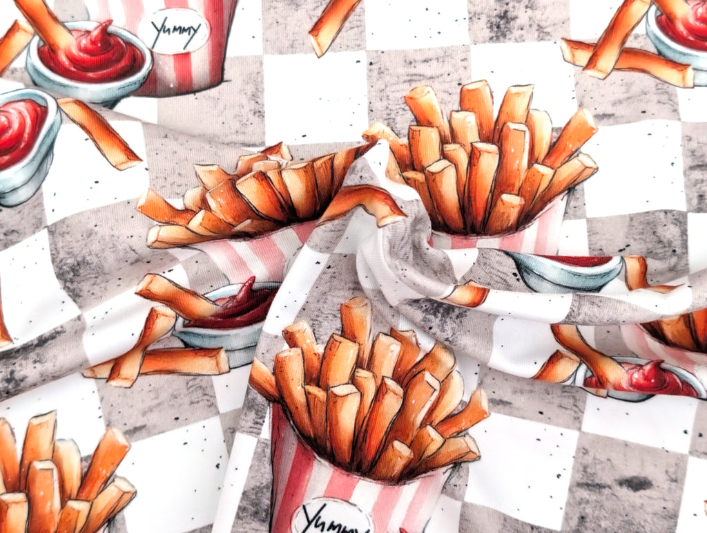 Eigenproduktion Baumwolljersey Pommes und Ketchup auf Grau