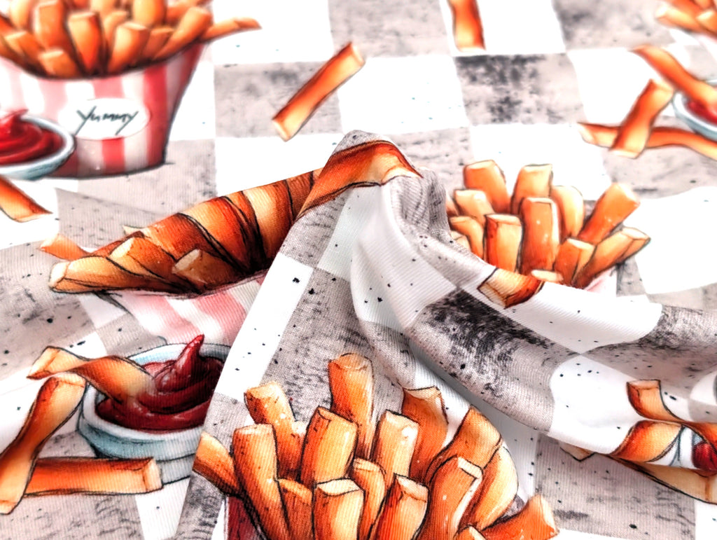 Eigenproduktion Baumwolljersey Pommes und Ketchup auf Grau