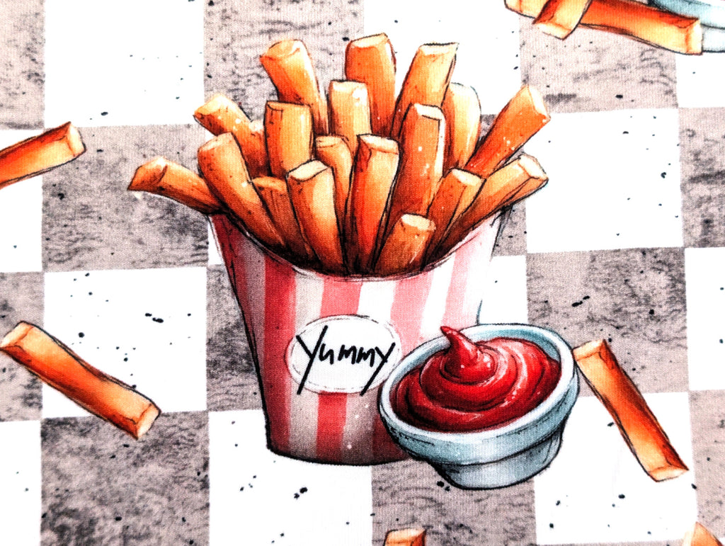 Eigenproduktion Baumwolljersey Pommes und Ketchup auf Grau