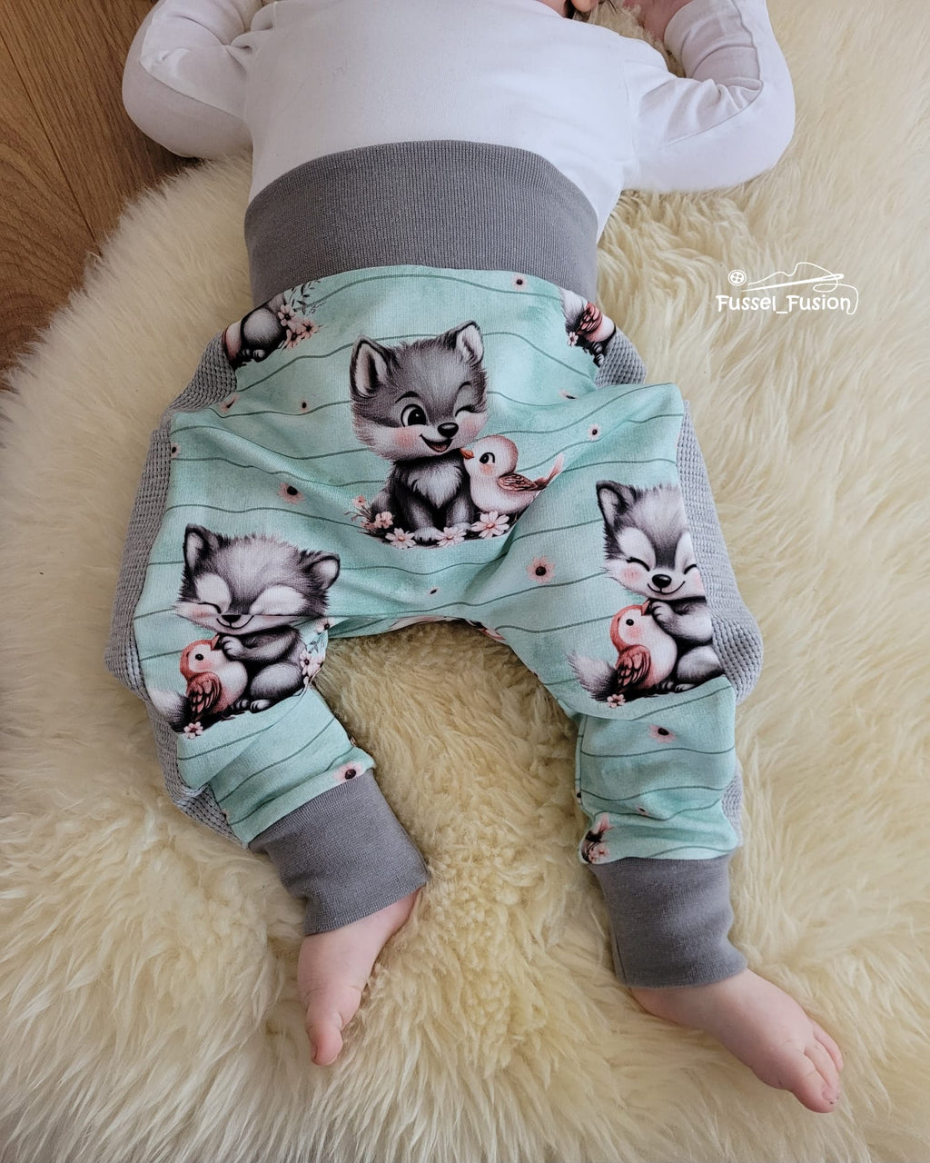 In-house Production French Terry Sweet Wolf with Bird Stripes on Mint/Green
