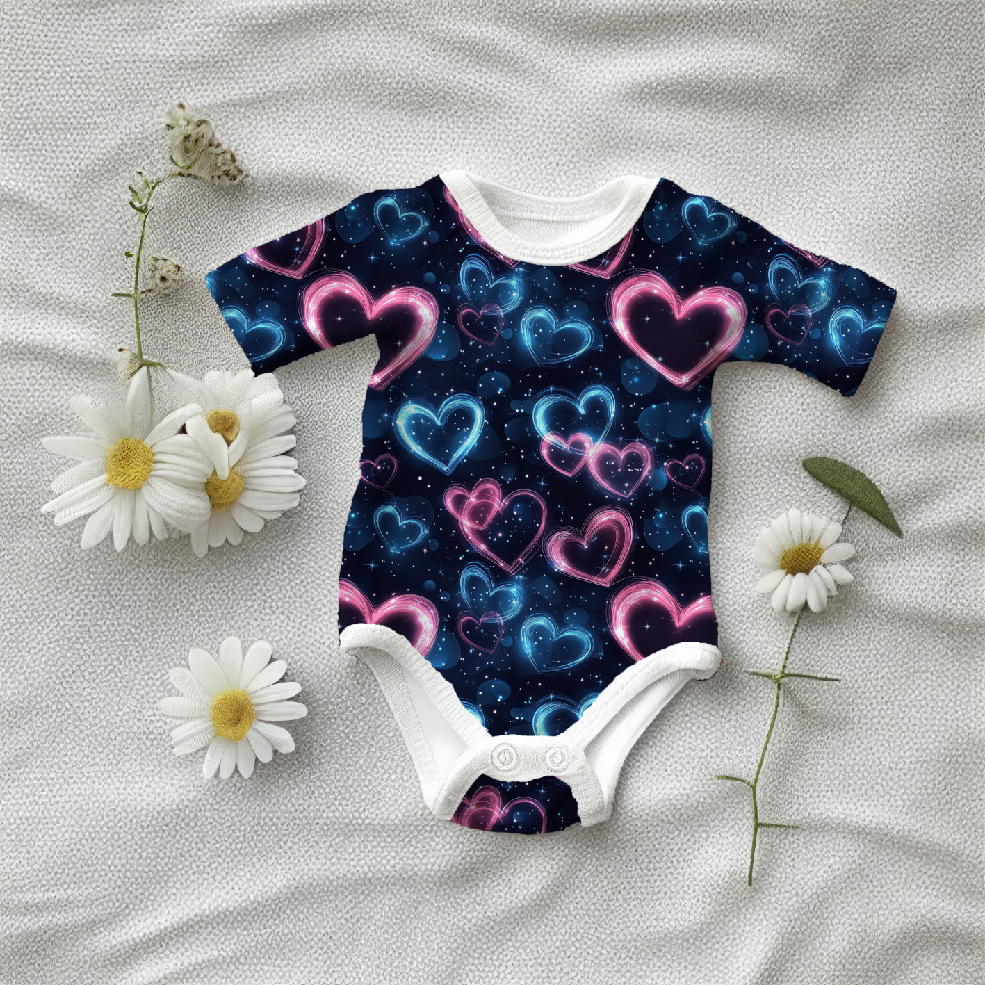 In-house production cotton jersey Stars Hearts in Pink and Blue