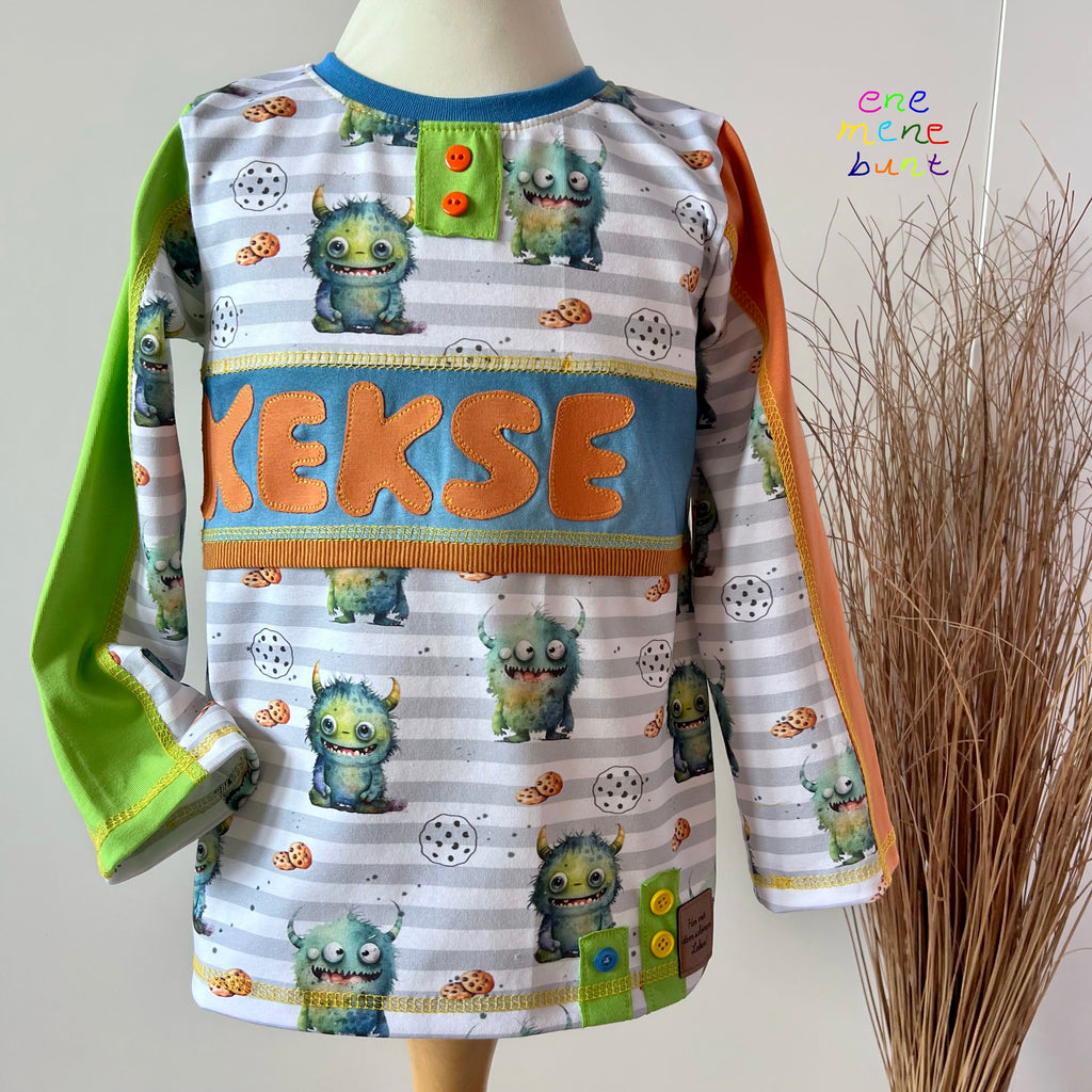 In-house production cotton jersey Little Cookie Monster on stripes green/white