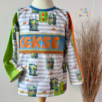 In-house production cotton jersey Little Cookie Monster on stripes green/white